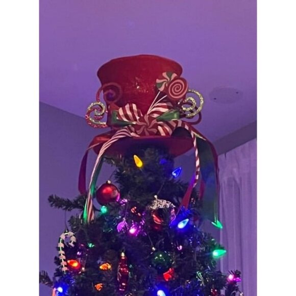 Christmas Tree Topper Hat, Large Red Hat with Striped Bow Ribbon & Lollipop
